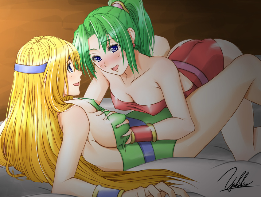 :d all_fours arm_support bangs bare_shoulders bed belt between_legs blonde_hair blue_eyes blush bracer breast_grab breasts celes_chere cleavage covered_nipples deep_skin earrings final_fantasy final_fantasy_vi from_side girl_on_top grabbing green_hair green_leotard happy headband high_ponytail indoors jewelry large_breasts leotard long_hair lying multiple_girls naughty_face no_legwear nose_blush on_back on_bed open_mouth ponytail profile red_leotard sideboob signature smile spread_legs strapless strapless_leotard taut_clothes tina_branford very_long_hair yukihiro yuri