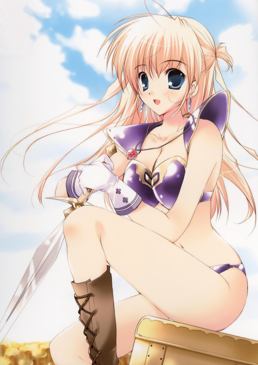 absurdres armor blonde_hair blue_eyes blush breasts cleavage cloud copyright_request day earrings gloves highres jewelry long_hair medium_breasts midriff mikeou navel necklace scan sitting sky solo sword weapon