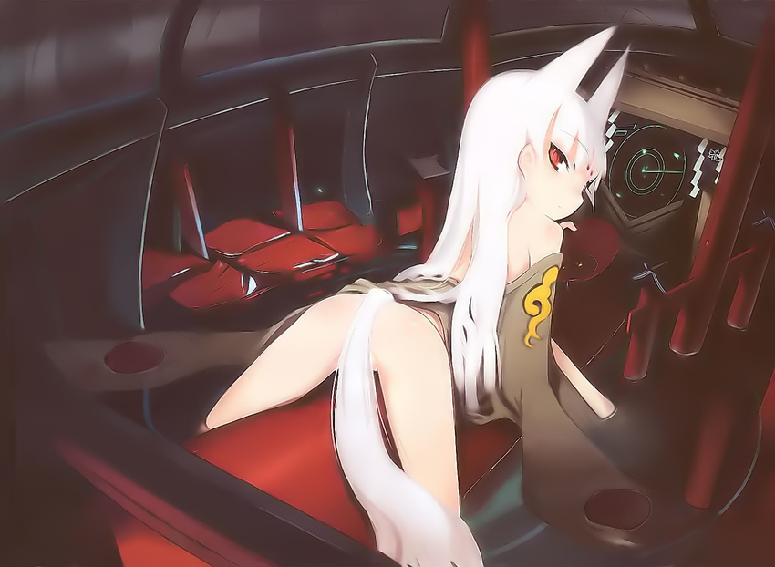 albino all_fours animal_ears ass bottomless highres mecha partially_visible_vulva red_eyes shimada_fumikane solo tail white_hair world_witches_series