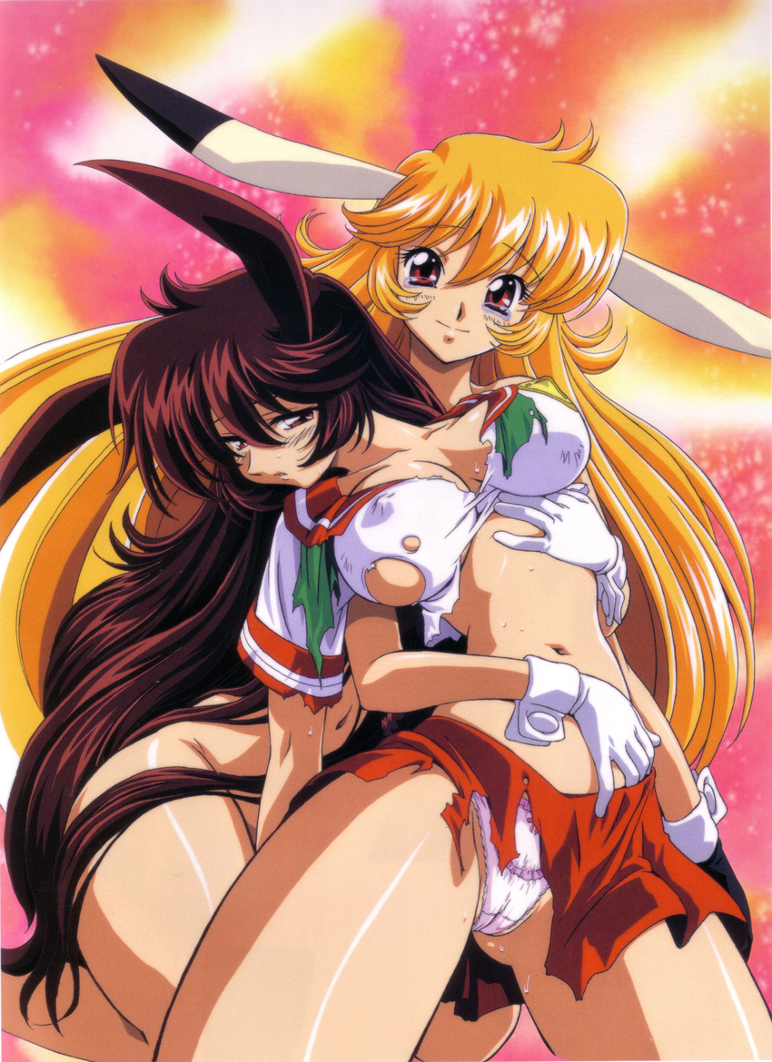 90s absurdres animal_ears banzai_academy_uniform blonde_hair breasts brown_hair bunny_ears cameltoe covered_nipples dual_persona gloves highres inaba_mikami kimura_takahiro large_breasts long_hair midriff mimika multiple_girls navel no_bra official_art panties red_eyes school_uniform sexually_suggestive skirt sweat tears torn_clothes underwear usagi-chan_de_cue!! very_long_hair