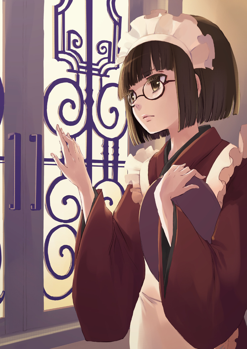 brown_eyes brown_hair gin_(oyoyo) glasses highres lips maid original solo wa_maid