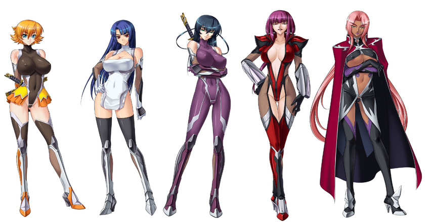 areola_slip areolae armor arms_behind_back ass_visible_through_thighs bangs bare_shoulders black_hair black_legwear black_leotard black_panties blue_eyes blue_hair blunt_bangs bodysuit breast_hold breasts center_opening cleavage cleavage_cutout clenched_hand cloak closed_mouth contrapposto covered_navel covered_nipples crossed_arms crossed_legs dark_skin dress elbow_gloves everyone expressionless eyebrows fishnets flipped_hair full_body gloves greaves grin groin hair_between_eyes half-closed_eyes hand_on_hip hand_on_own_thigh head_tilt high_heels highleg highleg_leotard hime_cut hips igawa_asagi igawa_sakura impossible_clothes impossible_leotard ingrid_(taimanin_murasaki) kagami_hirotaka katana large_breasts leotard light_smile lineup lipstick long_hair looking_at_viewer low_ponytail low_twintails makeup miniskirt mole mole_under_mouth multiple_girls navel ninja no_bra oboro_(taimanin_asagi) official_art orange_hair panties parted_bangs parted_lips pelvic_curtain pink_hair pleated_skirt ponytail puffy_sleeves purple_bodysuit purple_hair purple_lipstick red_eyes red_leotard sheath sheathed short_dress short_hair showgirl_skirt siblings sisters skin_tight skirt smile standing sword taimanin_(series) taimanin_asagi taimanin_murasaki taut_clothes thick_eyebrows thigh_gap thighhighs turtleneck twintails two_side_up underboob underwear unitard vambraces very_long_hair weapon weapon_on_back yatsu_murasaki