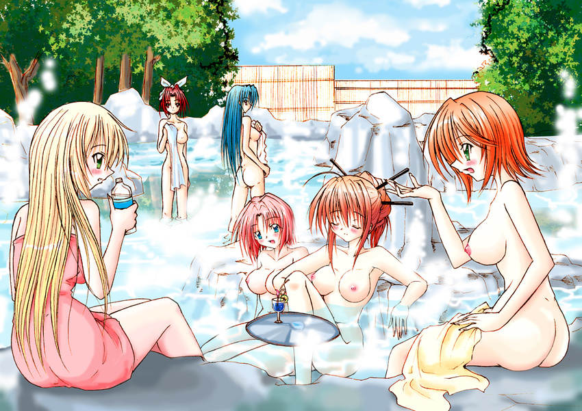 artist_request ass bath blonde_hair blue_eyes blue_hair breasts copyright_request covering medium_breasts multiple_girls naked_towel nipples nude nude_cover onsen red_eyes red_hair short_hair source_request towel
