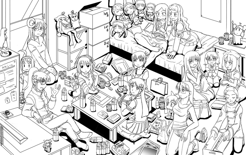 6+girls ahoge annotation_request azumanga_daiou bag barefoot bed book bottle bowl box can cardboard_box chair chibi child choia chopsticks crossed_legs crossover desk drink eureka eureka_seven eureka_seven_(series) everyone figure food futaba_channel genshiken glasses goboten google google-tan greyscale handbag hidoi highres homeko inu-t jacket kakkii kneeling kuga_natsuki lineart long_hair maid medoi minigirl mizuhara_koyomi modoi monochrome mujin_wakusei_survive multiple_girls musu my-hime my-otome nijiura_maids nt-tan oono_kanako os-tan party pillow ponytail reading sharla shimonkin shopping_bag short_hair sitting skirt socks suigetsu suzushiro_haruka table tank_top track_jacket waha xp-tan xp_home-tan yamato_suzuran