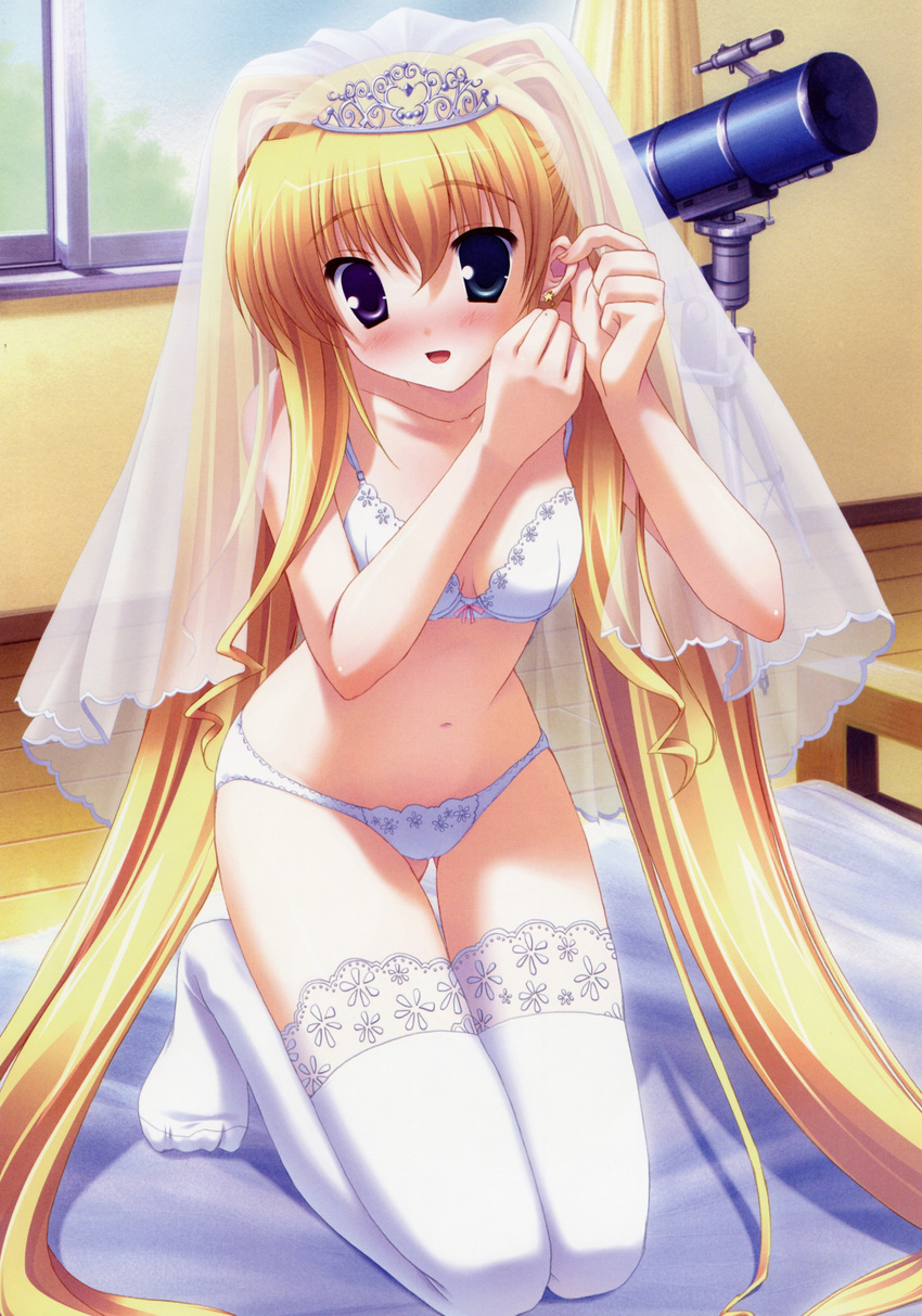 absurdres blonde_hair blush bra bridal_veil bride dress earrings headdress heterochromia highres hoshiful hoshikawa_ruka ikegami_akane jewelry kneeling lingerie long_hair navel open_mouth panties scan solo telescope thigh_gap thighhighs underwear underwear_only veil very_long_hair wedding_dress white_panties