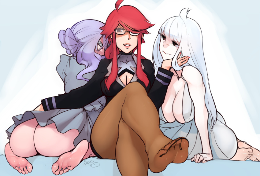 3girls ahoge ass barefoot breasts brown_eyes cleavage creatures_(company) feet game_freak glasses grey_eyes hair_over_one_eye highres kanna_(pokemon) large_breasts lavender_hair legs_crossed long_hair looking_at_viewer multiple_girls nintendo pantyhose parted_lips pokemon pokemon_(game) pov pov_feet red_eyes red_hair scathegrapes sitting soles toes white_hair