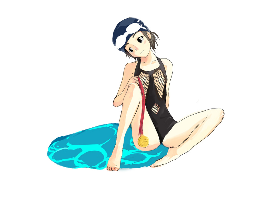 black_hair competition_swimsuit medal one-piece_swimsuit original short_hair solo spread_legs swimsuit tsukino_hp