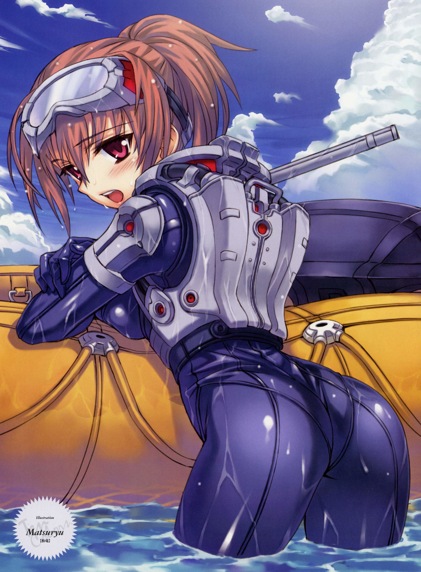 absurdres ass blush boat bodysuit brown_hair copyright_request crossed_arms diving_mask diving_mask_on_head from_behind highres leaning leaning_forward looking_back matsuryuu open_mouth pink_eyes ponytail red_eyes shiny shiny_clothes skin_tight snorkel solo watercraft wet wetsuit