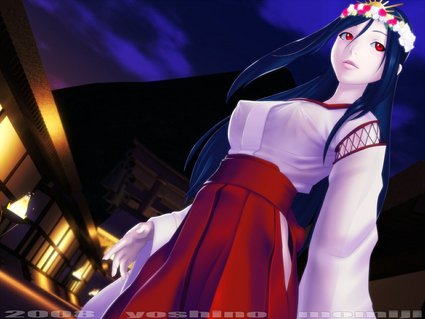 2008 blue_hair breasts cloud copyright_request covered_nipples detached_sleeves dutch_angle flower hakama head_wreath japanese_clothes kimono large_breasts lips lipstick makeup miko night night_sky no_bra outdoors red_eyes red_hakama sky solo standing yoshino_momiji