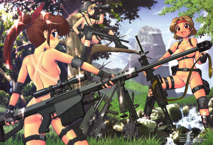 :d absurdres ammunition_belt annotated anti-materiel_rifle ar-10 assault_rifle barrett barrett_m82 battle_rifle bikini_tan bipod blonde_hair blue_eyes boots breasts brown_eyes brown_hair censored cleavage convenient_censoring day elbow_pads fang fingerless_gloves gloves grass gun hase_yu headband helmet highres knee_pads larue_tactical_obr m249 m4_carbine machine_gun mc_axis medium_breasts mountain multiple_girls nature nude one-piece_tan open_mouth outdoors pinup ponytail red_eyes rifle scope sky smile sniper_rifle stream tan tanline vertical_foregrip weapon zenra