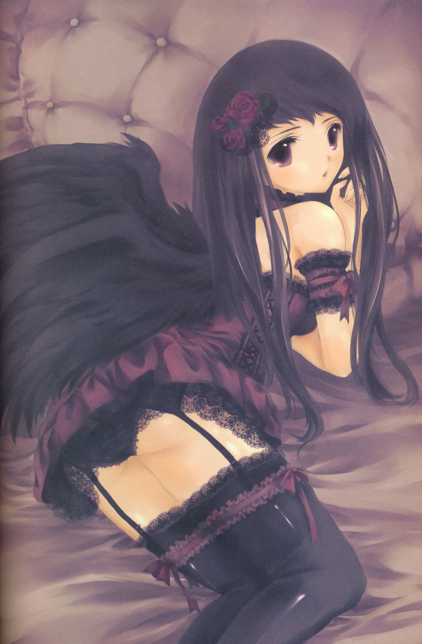 absurdres aikawa_daisei black_hair black_panties copyright_request dress hair_ornament highres lingerie panties purple_eyes solo thighhighs underwear wings