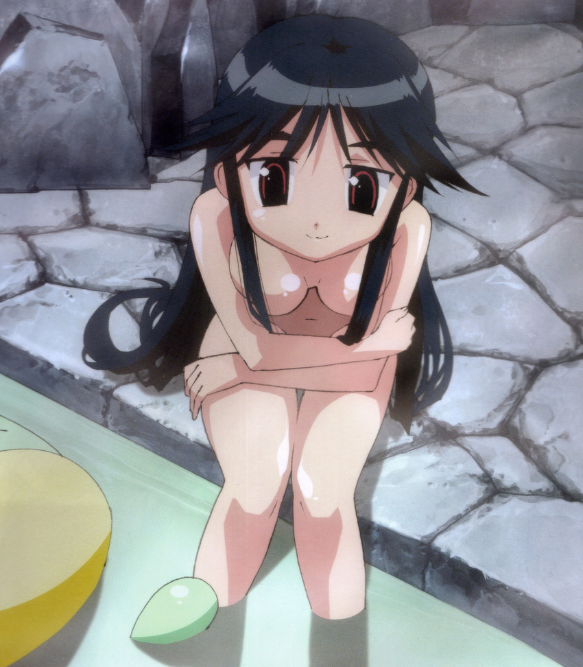 absurdres afloat artist_request bath black_hair breasts crossed_arms hair_censor hair_over_breasts highres kappa large_breasts leaning_forward long_hair machi_(nagasarete_airantou) nagasarete_airantou nude onsen red_eyes scan scan_artifacts sitting smile soaking_feet solo thigh_gap toono_(nagasarete_airantou) very_long_hair water