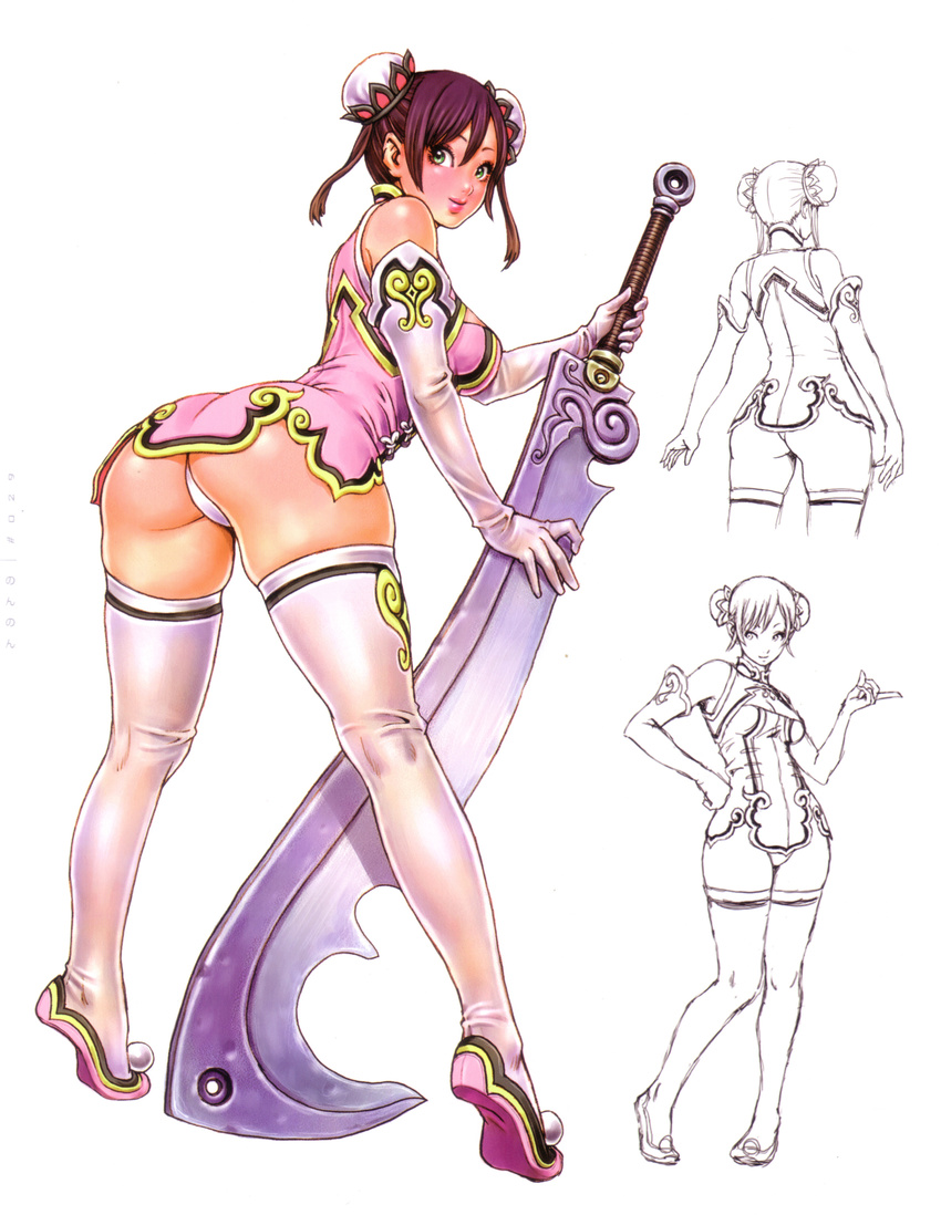 absurdres ass bent_over breasts bun_cover character_sheet china_dress chinese_clothes curvy double_bun dress elbow_gloves gloves green_eyes hand_on_hip highres huge_weapon looking_back non-non panties pantyshot partially_colored pointing purple_hair short_dress short_hair smile sword thighhighs underwear weapon white_legwear white_panties wide_hips wild_flower yamashita_shun'ya