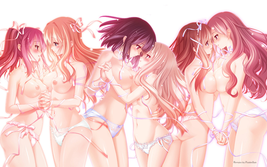 blonde_hair blue_panties blush breast_press breasts couple highres incest kawamura_reo kitajima_kaede kitajima_sara lace lace-trimmed_panties large_breasts long_hair matsubara_yuuna multiple_girls nipples oda_nanami panties peko pink_panties ribbon sawaguchi_mai short_hair side-tie_panties sono_hanabira_ni_kuchizuke_wo symmetrical_docking topless twintails underwear wallpaper white_panties yuri