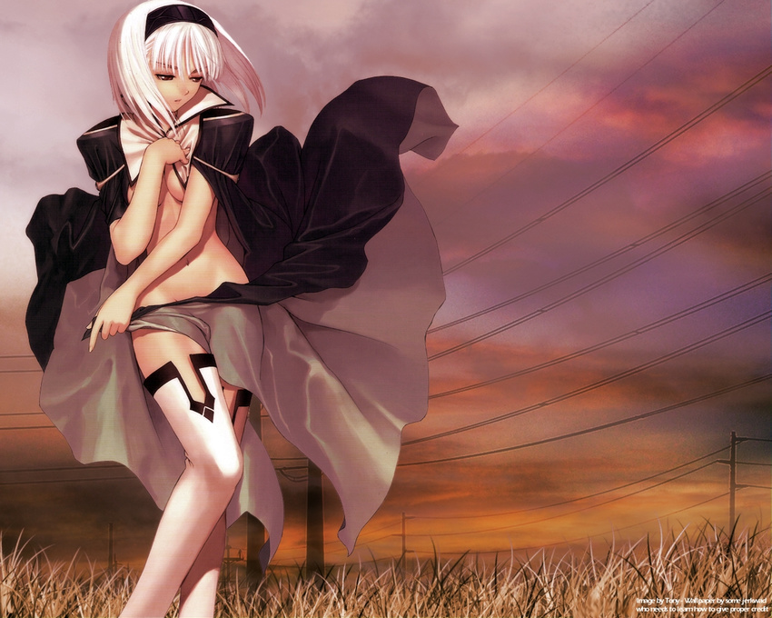 aira_blanc_neige_galdinius albino aqua_cape armlet artist_name bangs blue_cape blue_hairband breasts breasts_apart cape cape_lift cloud cloudy_sky covering covering_breasts feet_out_of_frame field floating_hair gem grass groin hair_between_eyes hairband half-closed_eyes hand_on_own_chest hips holding holding_cape legs_together looking_away looking_down medium_breasts medium_hair multicolored multicolored_clothes naked_cape navel nude_cover official_art outdoors parted_lips popped_collar power_lines red_eyes sapphire_(stone) shining_(series) shining_tears shoulder_pads skirt sky solo standing straight_hair sunset tanaka_takayuki telephone_pole thighhighs third-party_edit underboob wallpaper watermark white_hair white_legwear wind wind_lift