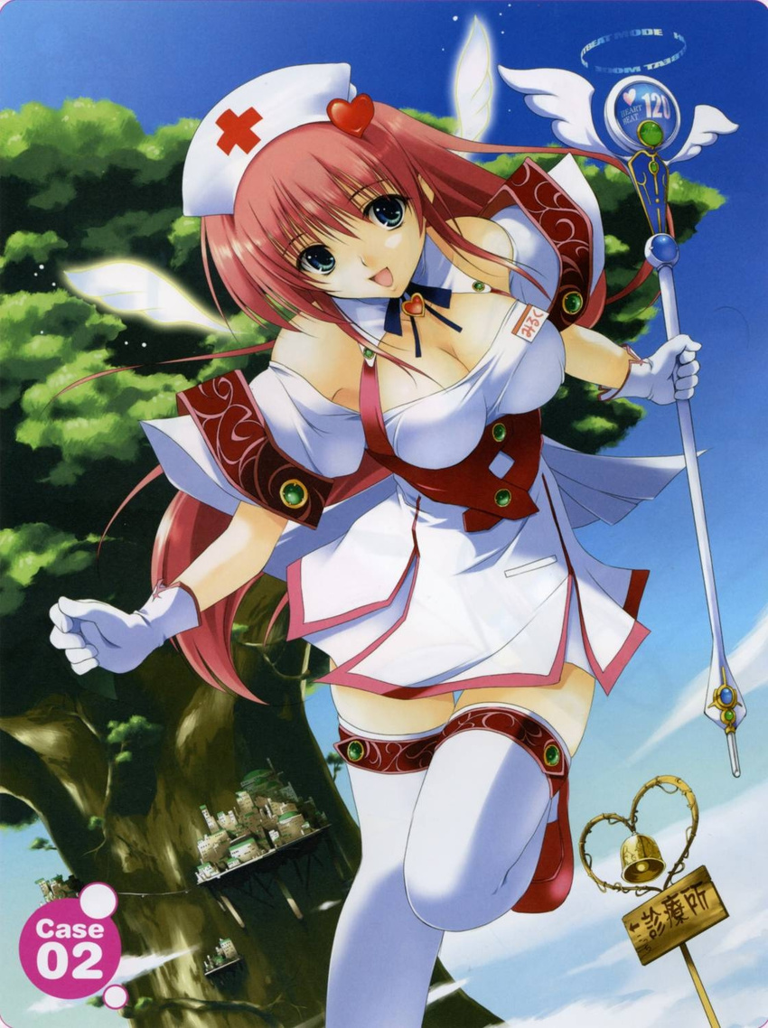 artist_request breasts cleavage copyright_request gloves green_eyes hair_ornament hairpin hat highres large_breasts long_hair magical_girl nurse pink_hair red_hair solo staff thighhighs wings