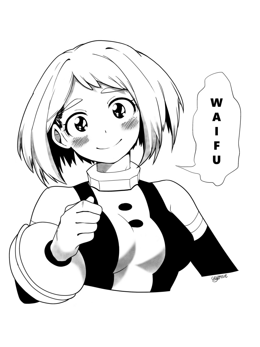 1girl absurdres artist_name blush boku_no_hero_academia breasts closed_mouth english_text greyscale highres large_breasts looking_at_viewer monochrome rachel_bouvier short_hair signature simple_background smile solo speech_bubble thick_eyebrows upper_body uraraka_ochako white_background