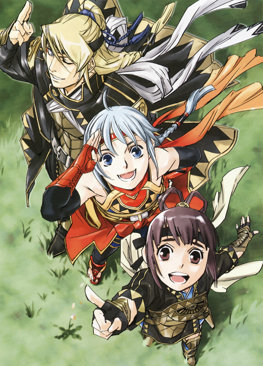 2boys :d ;d absurdres ahoge bangs belt blonde_hair blue_eyes blunt_bangs boots braid checkered elbow_gloves fingerless_gloves flat_chest freyjadour_falenas from_above fujita_kaori gensou_suikoden gensou_suikoden_v gloves grass hair_bun hair_ornament headband highres japanese_clothes kyle_(suikoden) long_hair long_sleeves looking_up miakis multiple_boys official_art one_eye_closed open_mouth outdoors pointing purple_eyes purple_hair robe rope salute sandals sash scan scarf short_hair short_twintails single_braid smile standing thigh_boots thighhighs toes twintails white_hair