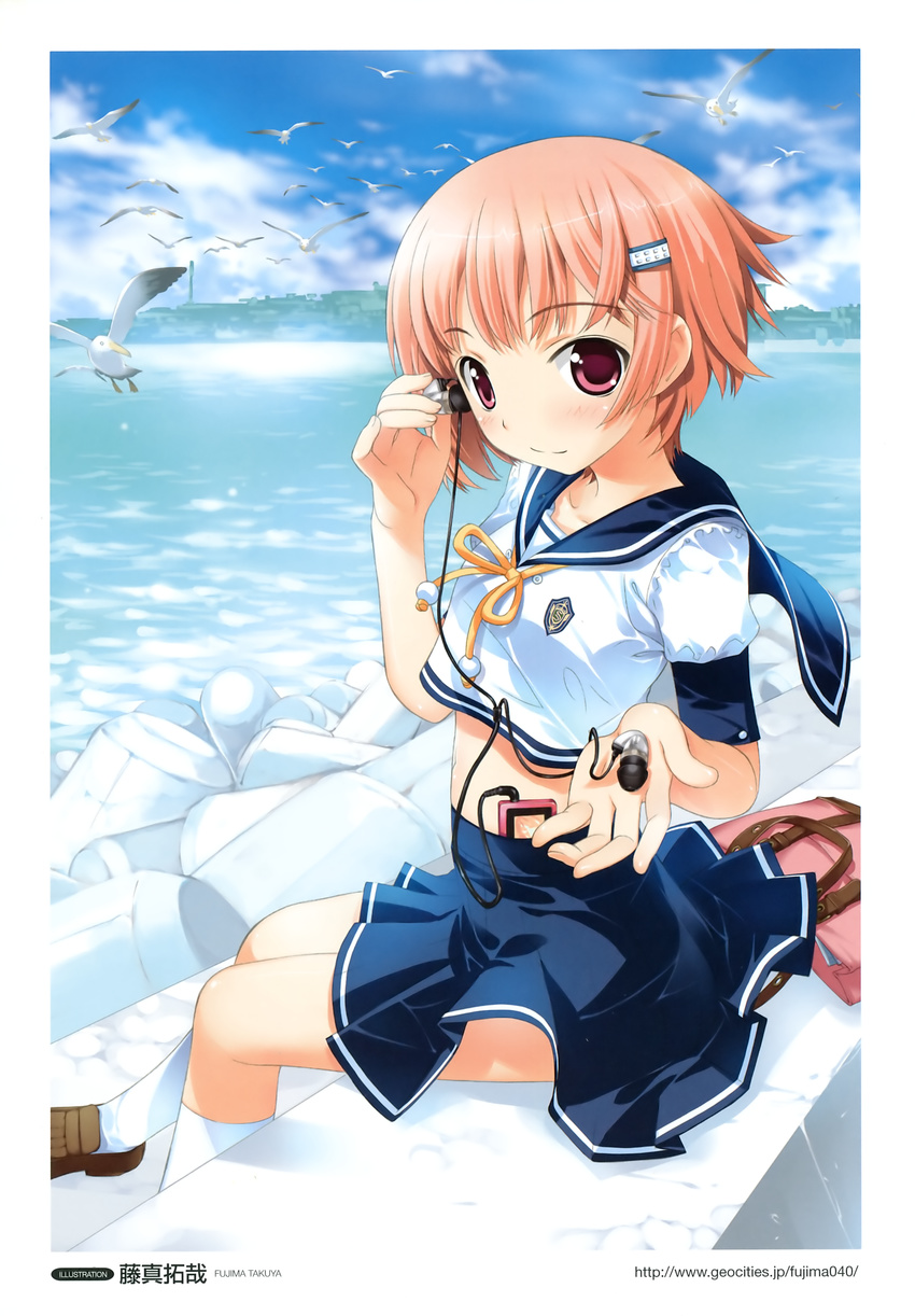 flat_chest fujima_takuya headphones ipod orange_hair pink_eyes school_uniform seifuku tagme