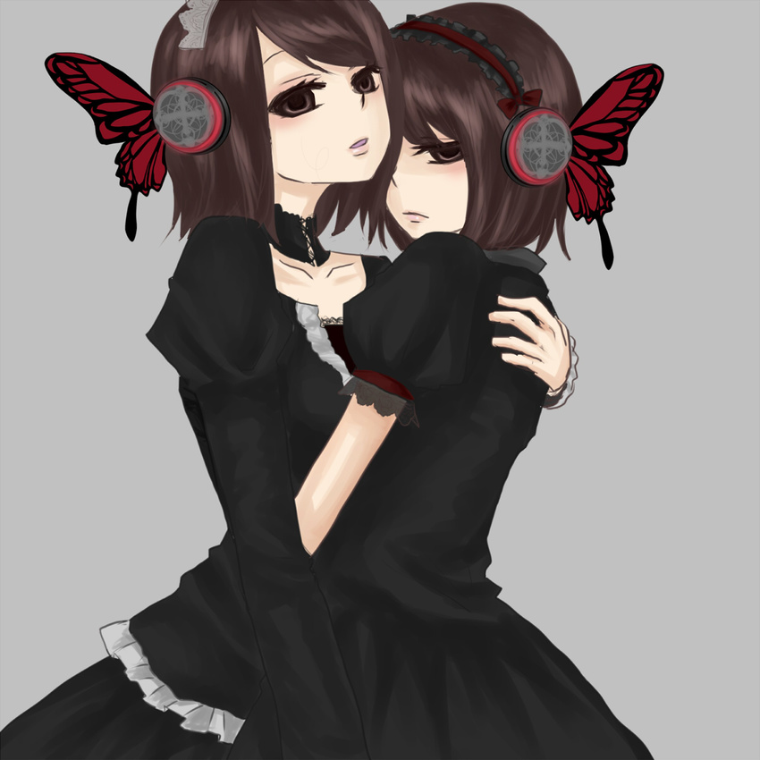 amakura_mayu amakura_mio black_eyes brown_hair butterfly_hair_ornament chiroron dress fatal_frame fatal_frame_2 hair_ornament headphones highres hug incest lolita_fashion magnet_(vocaloid) multiple_girls siblings sisters twins vocaloid yuri