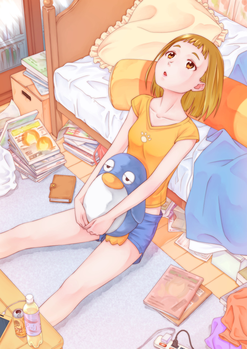 absurdres bed bed_sheet bedroom blue_shorts book bottle box brown_eyes brown_hair can cardboard_box collarbone cushion frilled_pillow frills from_above highres indoors looking_up magazine midriff on_floor open_mouth orange_shirt paper pillow plug power_strip rug shirt short_sleeves shorts sitting solo sora_yori_mo_tooi_basho stuffed_animal stuffed_penguin stuffed_toy table tamaki_mari tsukune_(seseri) wooden_floor