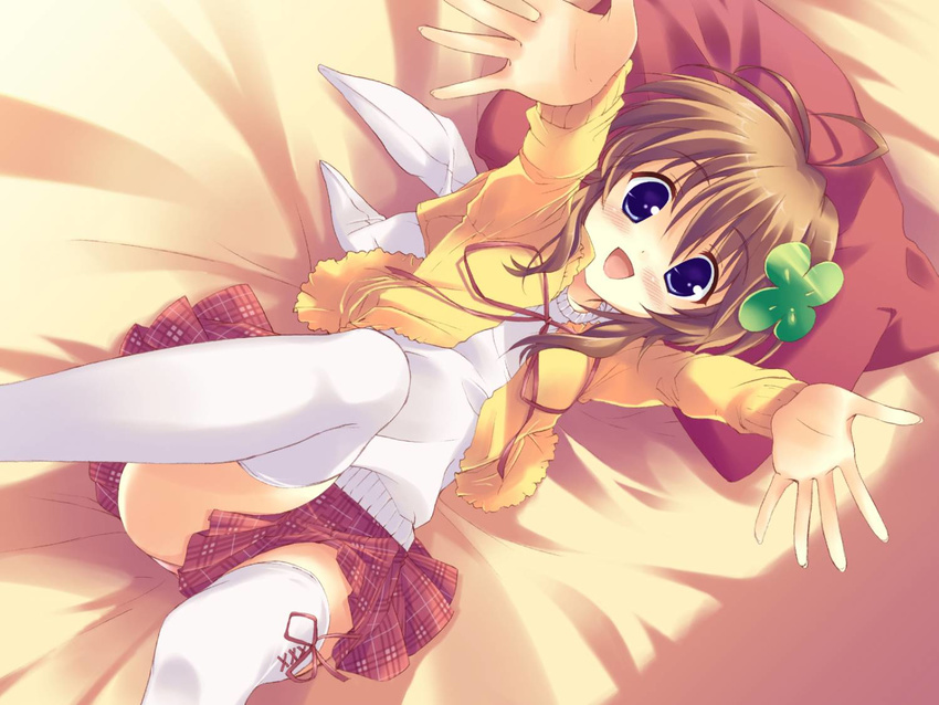 blush brown_hair clover clover_hair_ornament four-leaf_clover four-leaf_clover_hair_ornament hair_ornament hairpin lying miraroma on_back on_bed open_mouth panties pantyshot pantyshot_(lying) pillow purple_eyes qp:flapper short_hair smile solo takahara_ai thighhighs underwear white_panties