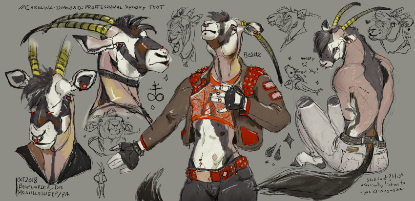 absurd_res antelope bovid bovine bridge_piercing clothed clothing ear_piercing facial_piercing female fully_clothed gemsbok grazing_antelope hi_res horn lip_piercing mammal model_sheet navel navel_piercing nose_piercing oryx piercing pink_eyes priscillasheep solo tattoo topless