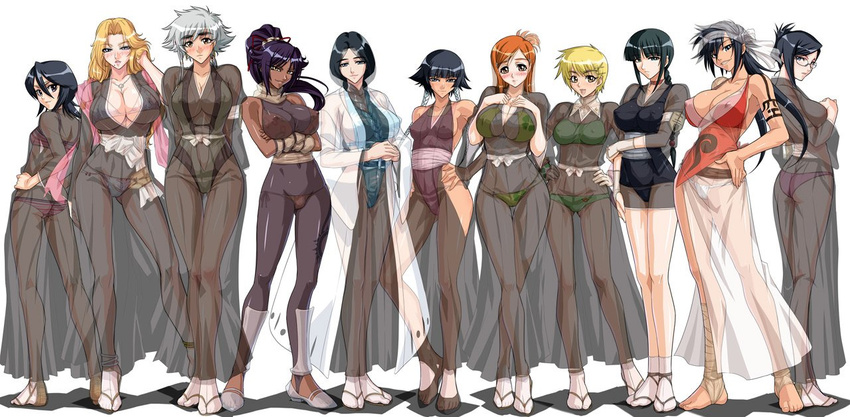 ass_visible_through_thighs barefoot bikini black_hakama bleach braid breasts cleavage contrapposto crossed_legs everyone front_braid front_ponytail hakama haori inoue_orihime ise_nanao japanese_clothes kagami_hirotaka kotetsu_isane kotetsu_kiyone kuchiki_rukia kurotsuchi_nemu large_breasts lineup lowleg lowleg_bikini matsumoto_rangiku medium_breasts multiple_girls one-piece_swimsuit sash school_swimsuit see-through shiba_kuukaku shihouin_yoruichi short_hair_with_long_locks standing sui-feng swimsuit taichou_haori unohana_retsu watson_cross