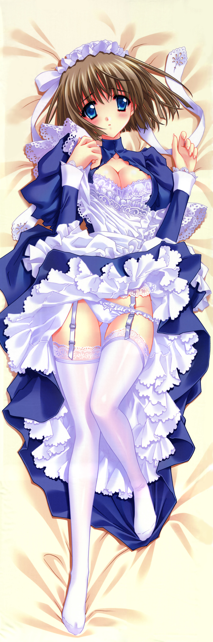 absurdres blue_eyes blush breasts brown_hair carnelian cleavage copyright_request dakimakura full_body garter_belt highres incredibly_absurdres large_breasts maid panties scan short_hair solo thighhighs underwear
