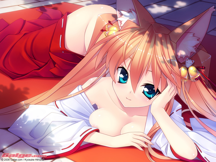 animal_ears bell blue_eyes breasts cleavage fox_ears galge.com hair_ornament hakama hand_on_own_face himukai_kyousuke japanese_clothes large_breasts long_hair lying miko nipple_slip nipples off_shoulder on_stomach orange_hair original red_hakama smile solo twintails watermark