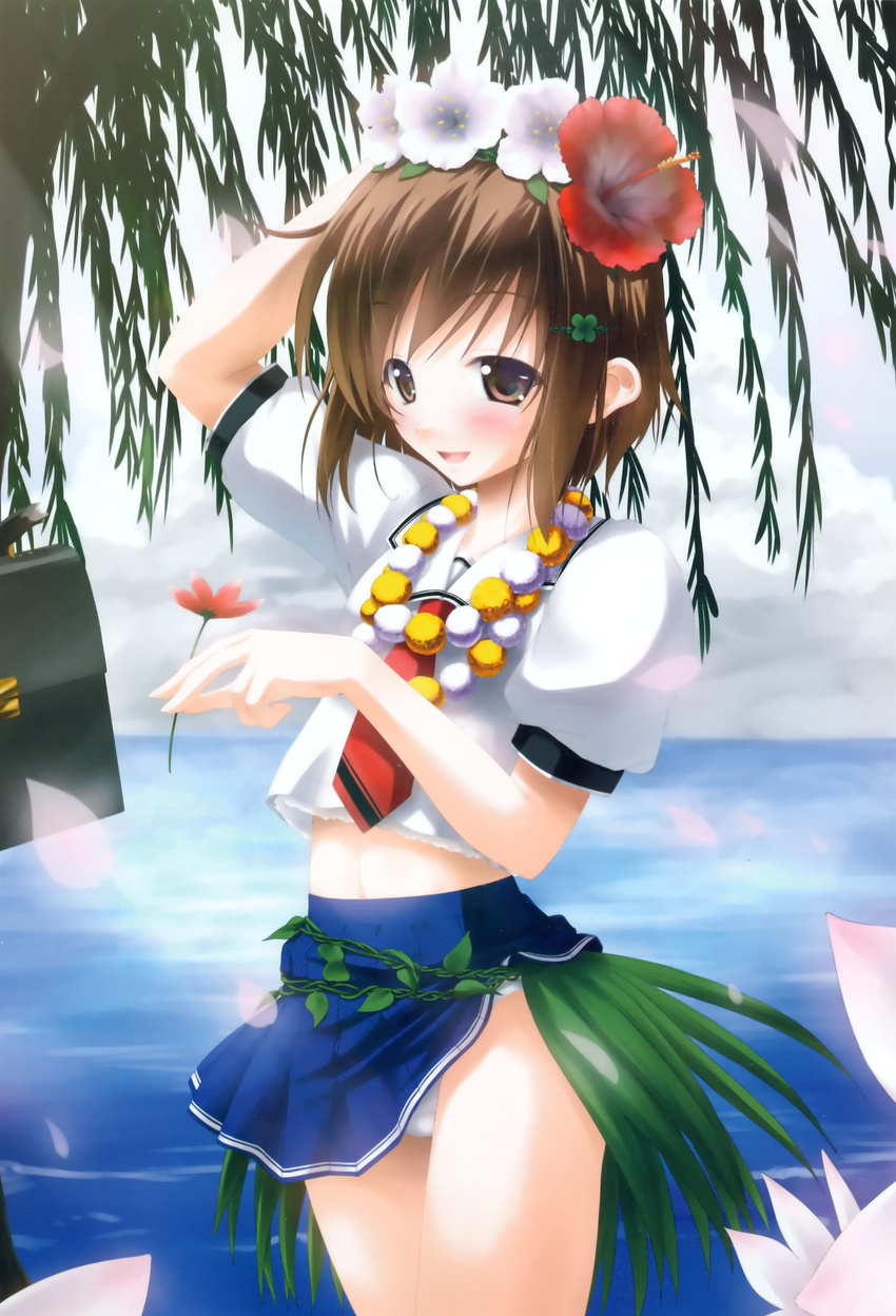 bag blush brown_eyes brown_hair clover_hair_ornament flower grass_skirt hair_flower hair_ornament hairpin hibiscus highres jewelry kazami_haruki megami megami_creators necklace necktie ocean panties petals scan school_bag school_uniform serafuku short_hair skirt solo underwear water