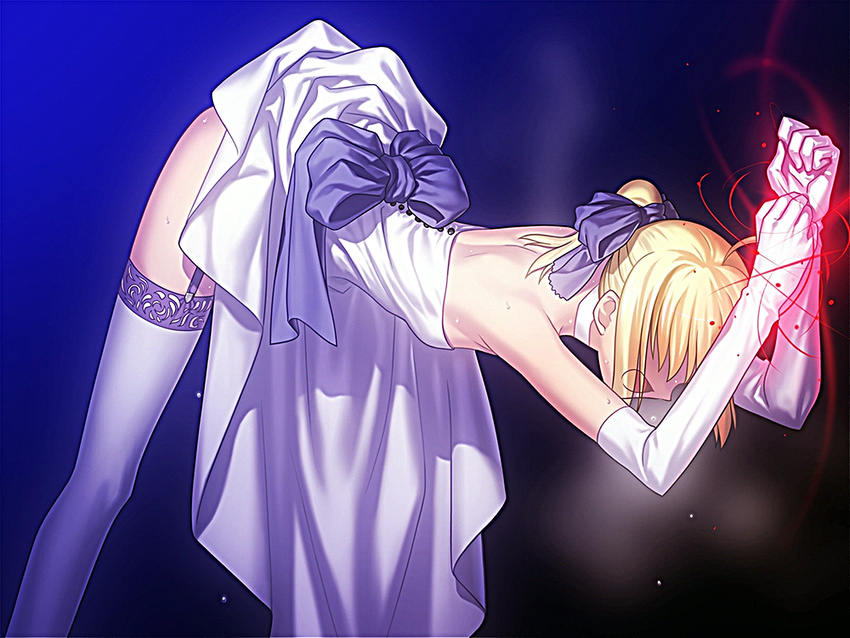 ahoge artoria_pendragon_(all) bdsm blonde_hair bondage bound breasts dress dress_lift elbow_gloves fate/stay_night fate_(series) game_cg garters gloves highres lossy-lossless ribbon saber small_breasts solo takeuchi_takashi tears thighhighs wedding_dress