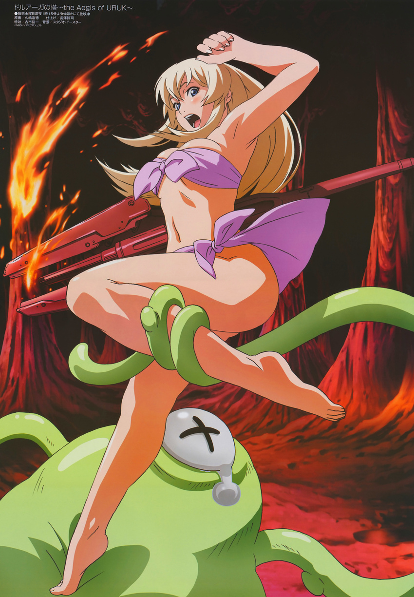 :o absurdres arm_up armpits bandeau barefoot bikini blonde_hair blue_eyes blush breasts cave cleavage druaga_no_tou fatina feet fire front-tie_top gun highres hisashima_hironori large_breasts legs long_hair megami monster nail_polish non-web_source official_art open_mouth purple_sarong restrained rifle roper sarong scan side-tie_bikini stepped_on surprised swimsuit tears tentacles towel weapon x_x