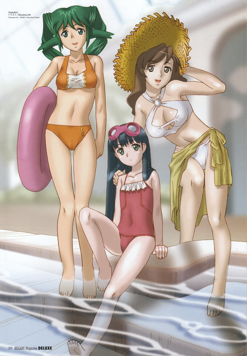 :d arm_up armpits barefoot bikini blue_hair breasts brown_hair casual_one-piece_swimsuit cleavage cleavage_cutout covered_navel feet flat_chest goggles goggles_on_head green_eyes green_hair grey_eyes hamakawa_shuujirou hand_on_shoulder hat highres innertube kasha_maverick leaning legs long_hair medium_breasts megami megami_deluxe miranda_maverick multiple_girls navel non-web_source official_art one-piece_swimsuit open_mouth orange_bikini pool poolside red_swimsuit sarong scan sitting smile soaking_feet soles solty_rei solty_revant standing straw_hat swimsuit thigh_gap twintails wading water white_bikini yellow_sarong