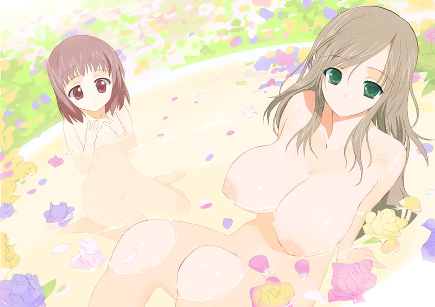 amatsuka_miharu amatsuka_sakura baby_princess barefoot breast_envy breasts brown_hair flat_chest flower green_eyes huge_breasts kneeling kusaka_souji long_hair multiple_girls nipples nude petals pool purple_eyes purple_hair short_hair sitting skinny_dipping smile wading