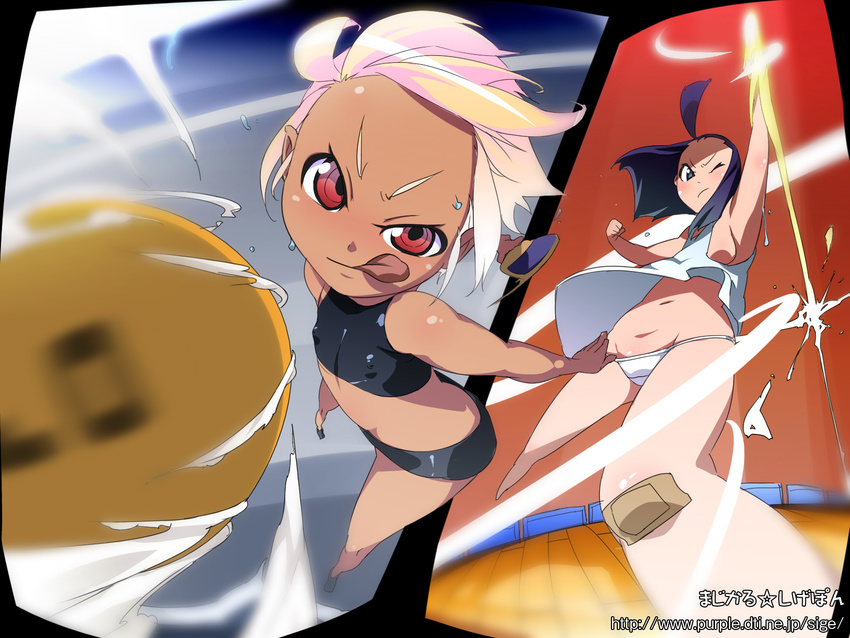 copyright_request dark_skin flat_chest highres magical_sigepon multiple_girls paddle panties red_eyes table_tennis table_tennis_paddle tongue underwear wallpaper