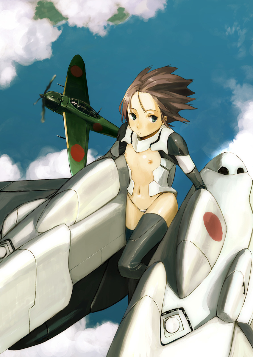 aircraft airplane brown_hair cloud day flat_chest green_eyes highres houru mecha_musume nipples original short_hair sky solo thighhighs wind