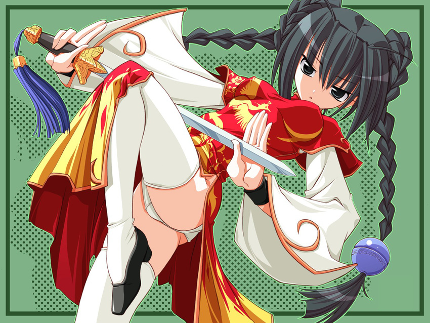 black_hair braid character_request china_dress chinese_clothes dreamsoft dress long_hair panties solo sword thighhighs tsurugi_hagane twin_braids underwear weapon