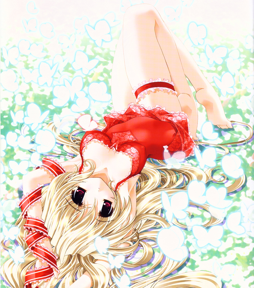 aquarian_age barefoot blonde_hair breasts bug butterfly cleavage covered_nipples downblouse garters highres insect lingerie long_hair lying medium_breasts on_back oono_tetsuya red_eyes soles solo underwear
