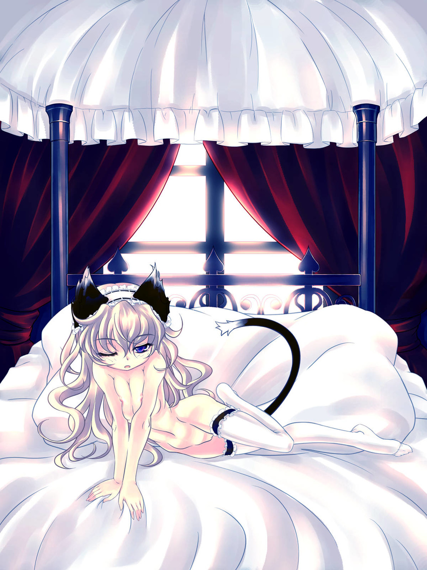 animal_ears bed cat_ears copyright_request feet hands highres nanamiso nude one_eye_closed solo tail thighhighs