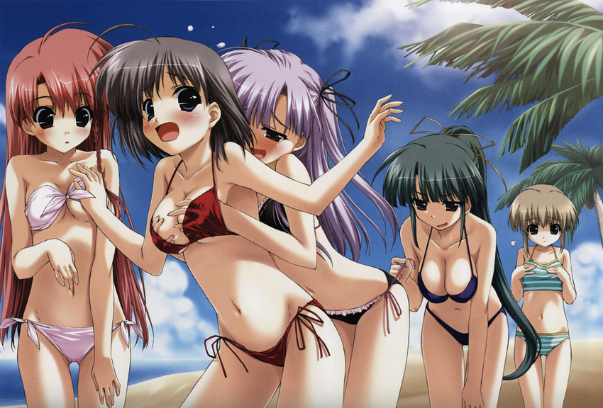 ahoge bandeau beach bikini blue_eyes blush boy_meets_girl braid breast_envy breast_grab breasts brown_hair cleavage day duplicate flat_chest front-tie_top grabbing green_eyes green_hair grey_hair groping hair_ribbon hand_under_clothes kasugano_haruna kumotani_chizuru large_breasts leaning_forward long_hair lowleg lowleg_bikini midriff multiple_girls naughty_face open_mouth outdoors pink_hair ponytail purple_eyes purple_hair ribbon shingyouji_mao shintarou short_hair side-tie_bikini side_braid souma_nanami sports_bikini strapless striped striped_bikini striped_swimsuit surprised surprised_arms swimsuit tsubasa_miu tubetop twintails two_side_up underboob very_long_hair yuri