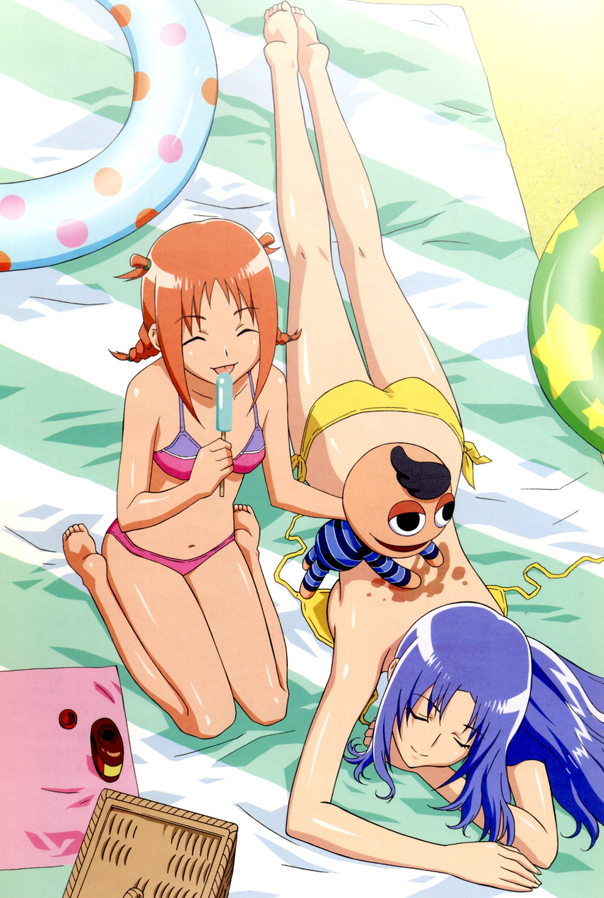 artist_request barefoot beach bikini blue_hair braid breasts closed_eyes feet flat_chest food gokujou_seitokai highres innertube jinguuji_kanade kneeling long_hair lying medium_breasts multiple_girls oil on_stomach orange_hair popsicle pucchan randou_rino scan short_hair side-tie_bikini sideboob smile swimsuit tongue topless twin_braids