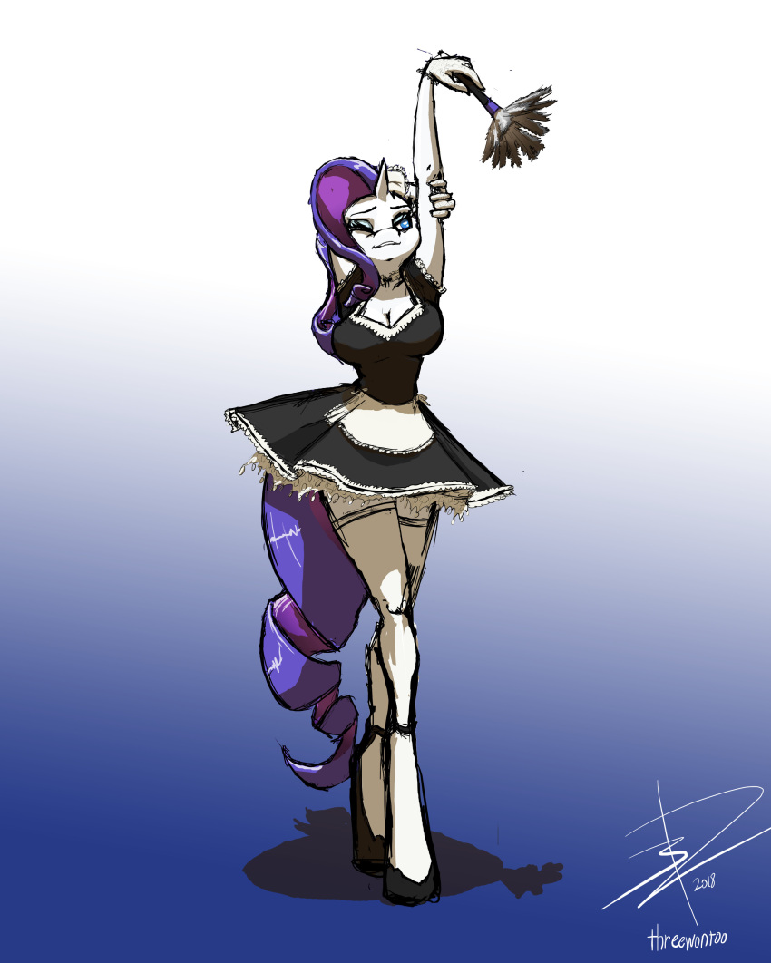 2019 absurd_res anthro breasts cleavage clothed clothing equine feather_duster female friendship_is_magic hi_res horn legwear maid_uniform mammal my_little_pony pose rarity_(mlp) stockings stretching threewontoo unicorn uniform