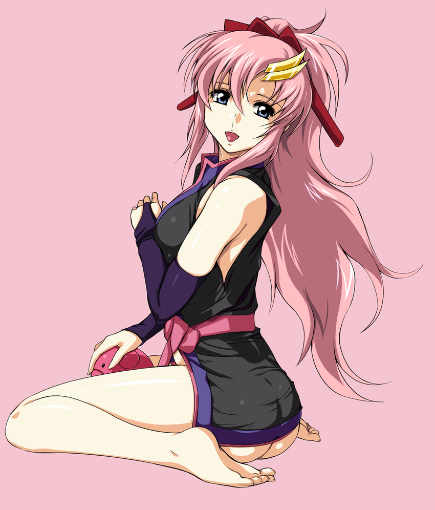 :d ass bare_shoulders barefoot blue_eyes bottomless fingerless_gloves gloves gundam gundam_seed gundam_seed_destiny haro highres japanese_clothes lacus_clyne long_hair looking_at_viewer looking_back no_panties open_mouth pink_hair ponytail sitting sleeveless smile soles solo wariza zundarepon