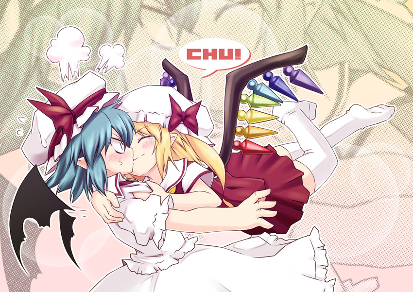 bat_wings blonde_hair blush fang flandre_scarlet hat incest kiss multiple_girls noya_makoto ponytail remilia_scarlet short_hair siblings side_ponytail sisters thighhighs touhou wings yuri