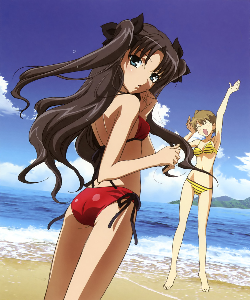 absurdres arm_up ass barefoot beach bikini black_hair bow brown_hair closed_eyes cloud day fate/stay_night fate_(series) fujii_maki fujimura_taiga green_eyes hair_bow highres long_hair long_legs looking_back multiple_girls non-web_source ocean open_mouth outdoors red_bikini short_hair side-tie_bikini sky striped striped_bikini striped_swimsuit swimsuit toosaka_rin two_side_up very_long_hair water