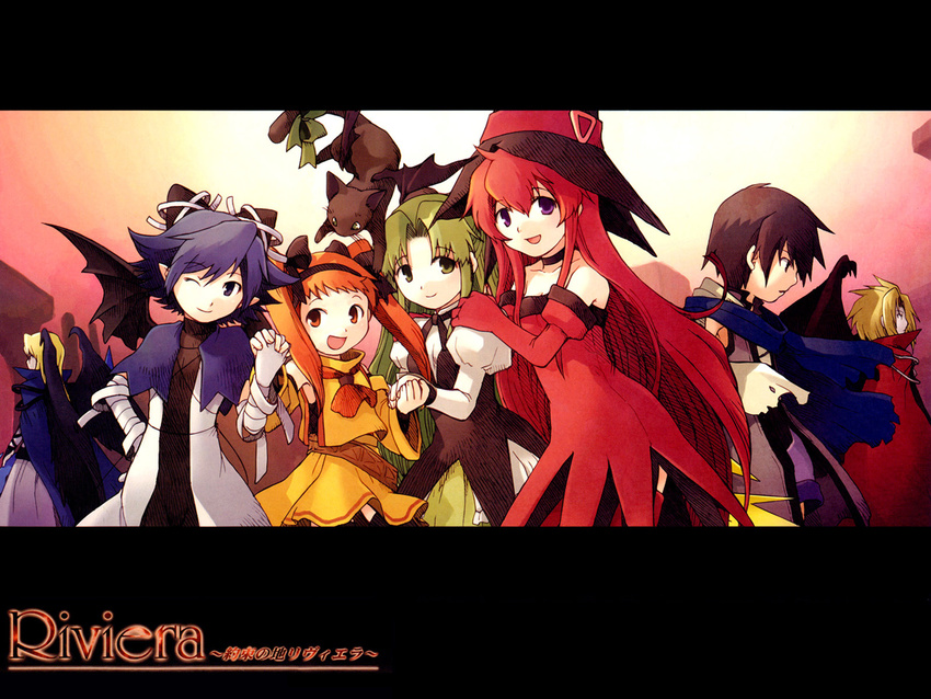 5girls bandages bat_wings black_hair blonde_hair blue_eyes blue_hair cape cat choker cierra_(riviera) demon_wings dress ecthel_(riviera) elbow_gloves everyone fia_(riviera) gloves green_eyes green_hair happy hat highres holding_hands hug ledah_(riviera) long_hair long_sleeves lyuri_(riviera) malice_(riviera) multiple_boys multiple_girls one_eye_closed orange_eyes orange_hair red_eyes red_hair riviera rose_(riviera) serene_(riviera) short_hair skirt smile tobe_sunaho twintails very_long_hair wallpaper wings witch_hat