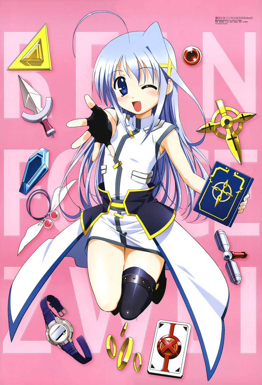 absurdres ahoge asymmetrical_legwear bardiche blue_eyes blue_hair blush book book_of_the_azure_sky card character_name cross_mirage dagger fingerless_gloves floating_card gloves graf_eisen hair_ornament highres jewelry kerykeion klarwind levantine long_hair lyrical_nanoha mach_caliber magical_girl mahou_shoujo_lyrical_nanoha_strikers megami official_art okuda_yasuhiro one_eye_closed raising_heart reinforce_zwei ring scan schwertkreuz single_thighhigh solo strada thighhighs waist_cape watch weapon wristwatch x_hair_ornament