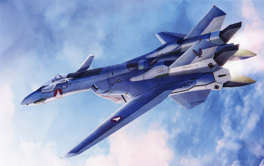 aircraft airplane canards cloud day fighter_jet flying highres jet macross macross_vf-x2 mecha military military_vehicle no_humans realistic science_fiction sky tenjin_hidetaka variable_fighter vf-19