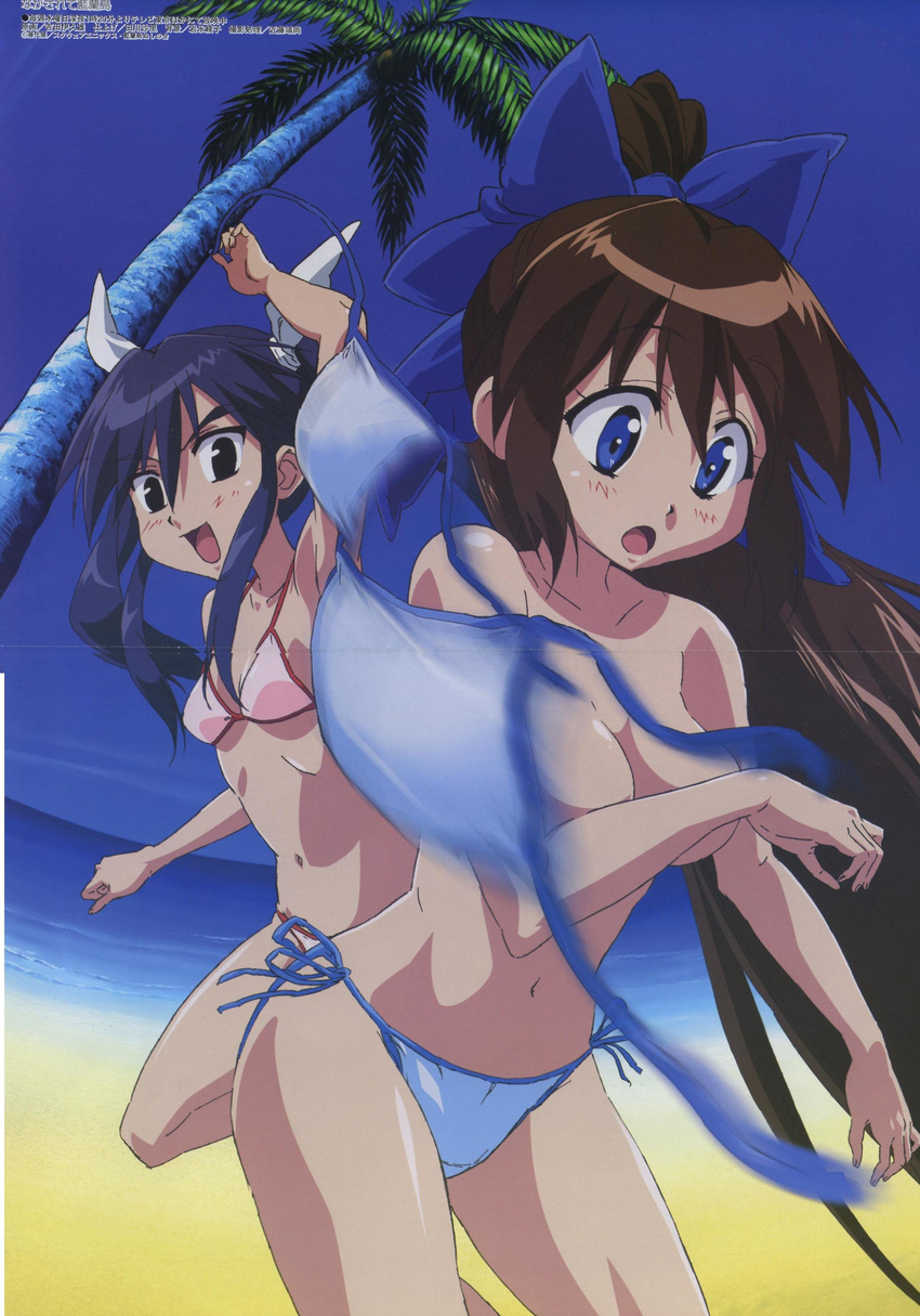 absurdres arm_up ayane_(nagasarete_airantou) beach bikini black_eyes blue_eyes blue_hair breast_hold breasts brown_hair crease day flat_chest hair_ribbon highres leg_lift long_hair looking_down medium_breasts megami motion_blur multiple_girls nagasarete_airantou naughty_face navel non-web_source open_mouth outdoors palm_tree ponytail ribbon scan side-tie_bikini small_breasts surprised suzu_(nagasarete_airantou) swimsuit topless tree twintails untied very_long_hair water yoshida_ikuo